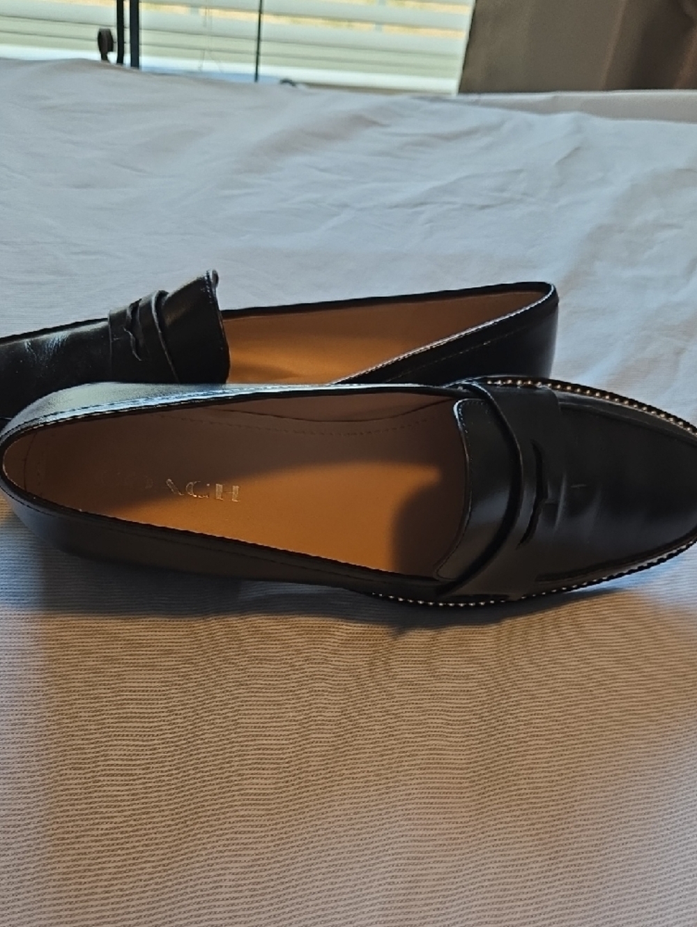 Black Leather Women's Penny Loafers with Gold Trim - Picture 3 of 4
